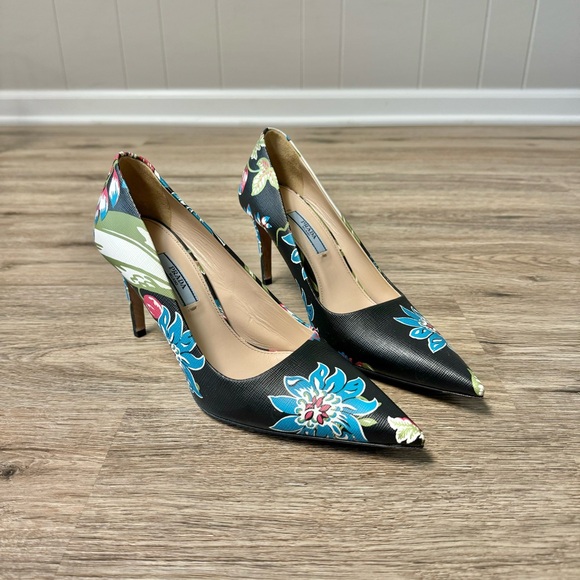 Prada St Ramage Black Floral Print Saffiano Leather Stiletto High Heels 7.5 37.5 - Picture 3 of 12